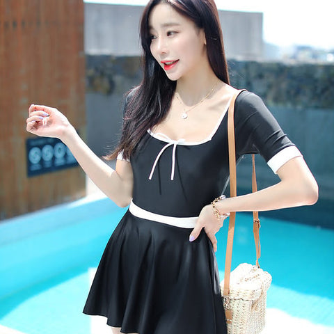 Retro Traditional Cute Women Fashion Square Neck Sexy Back Tie Black Swimsuit Dress