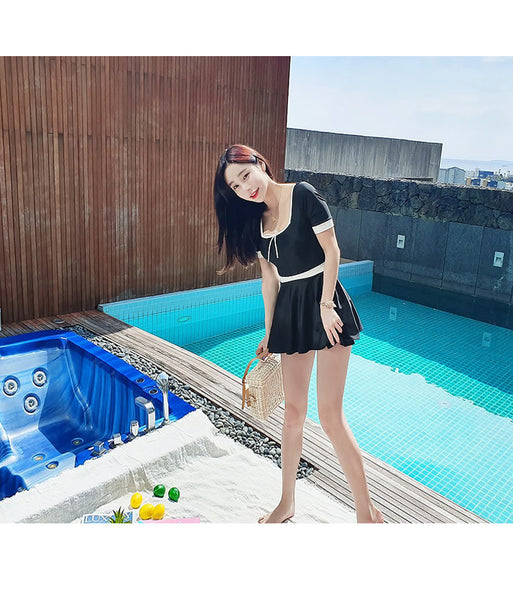 Retro Traditional Cute Women Fashion Square Neck Sexy Back Tie Black Swimsuit Dress