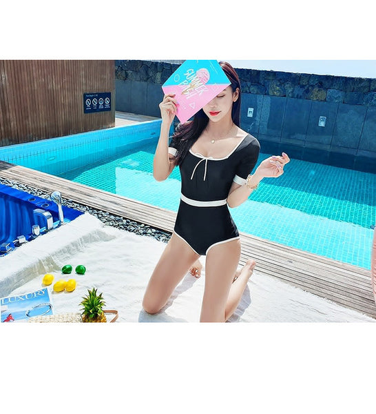 Retro Traditional Cute Women Fashion Square Neck Sexy Back Tie Black Swimsuit Dress