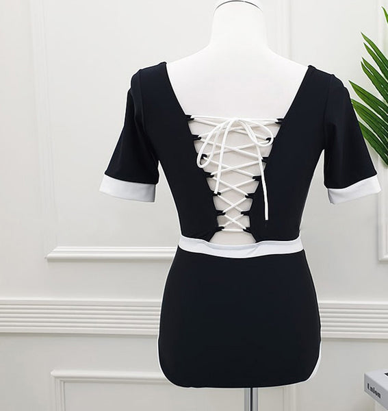 Retro Traditional Cute Women Fashion Square Neck Sexy Back Tie Black Swimsuit Dress