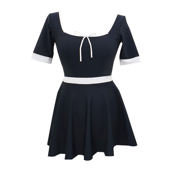 Retro Traditional Cute Women Fashion Square Neck Sexy Back Tie Black Swimsuit Dress