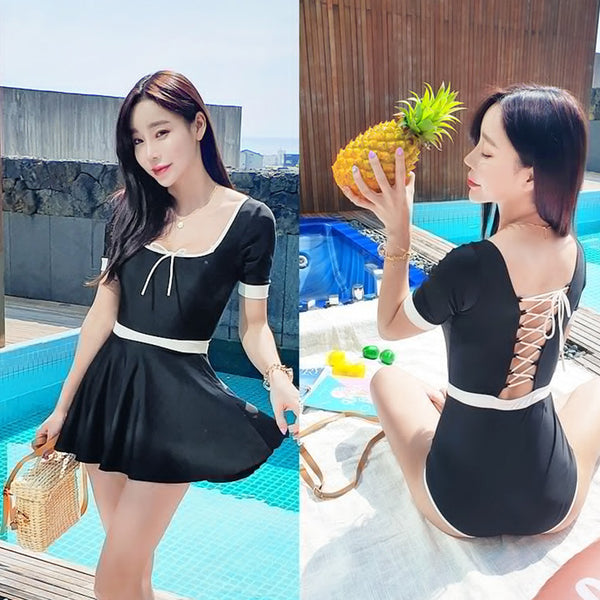 Retro Traditional Cute Women Fashion Square Neck Sexy Back Tie Black Swimsuit Dress