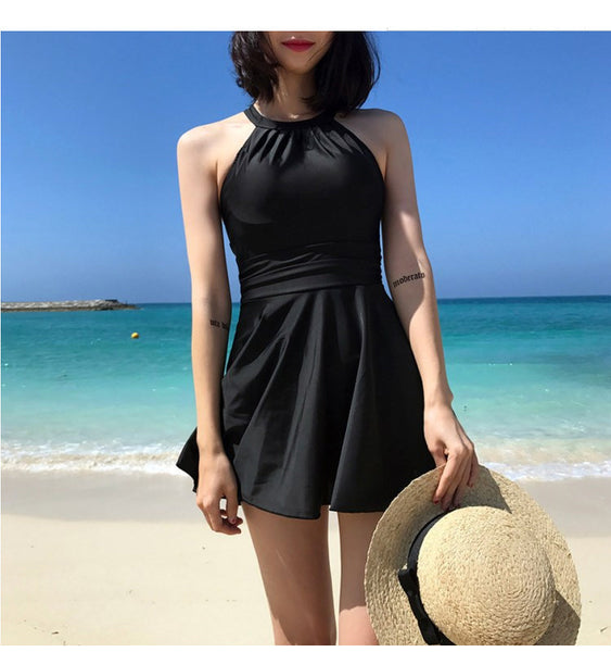 Women Plus Extra Size Sexy Short Black Swimming One Piece Skirt Swimsuit