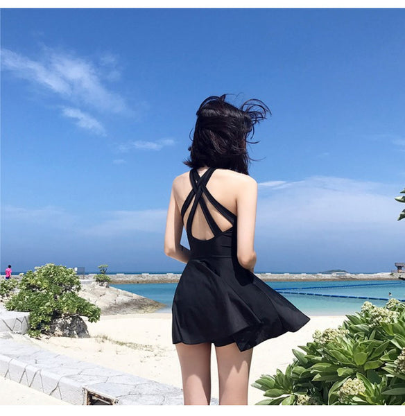 Women Plus Extra Size Sexy Short Black Swimming One Piece Skirt Swimsuit