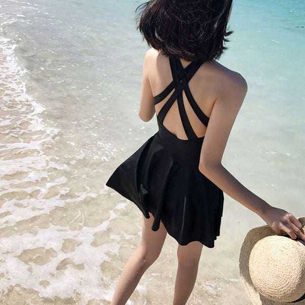 Women Plus Extra Size Sexy Short Black Swimming One Piece Skirt Swimsuit