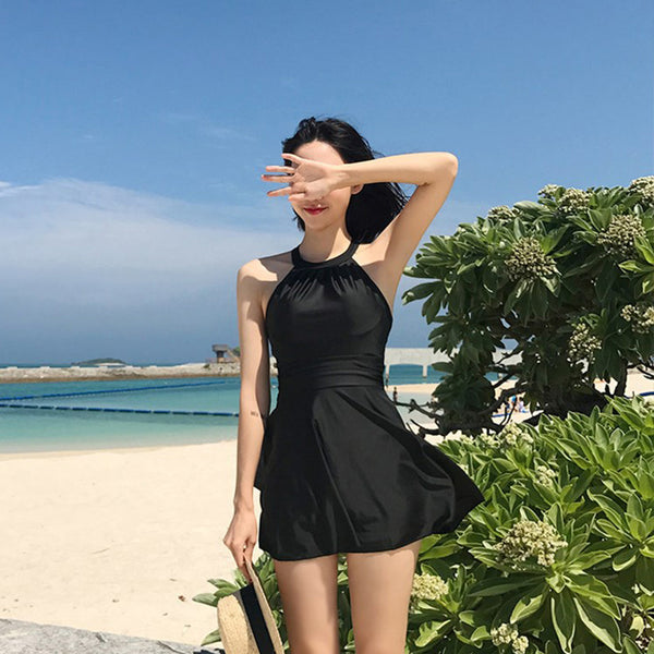 Women Plus Extra Size Sexy Short Black Swimming One Piece Skirt Swimsuit