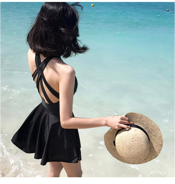Women Plus Extra Size Sexy Short Black Swimming One Piece Skirt Swimsuit