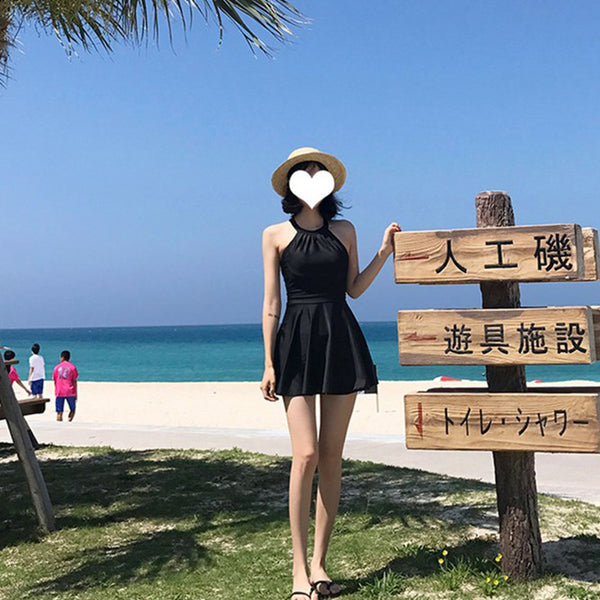Women Plus Extra Size Sexy Short Black Swimming One Piece Skirt Swimsuit