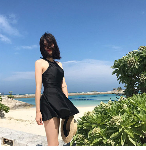 Women Plus Extra Size Sexy Short Black Swimming One Piece Skirt Swimsuit
