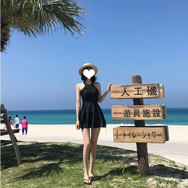 Women Plus Extra Size Sexy Short Black Swimming One Piece Skirt Swimsuit
