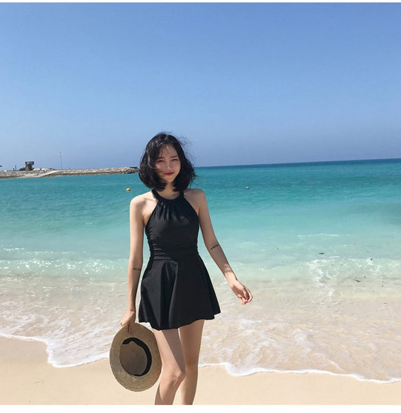 Women Plus Extra Size Sexy Short Black Swimming One Piece Skirt Swimsuit