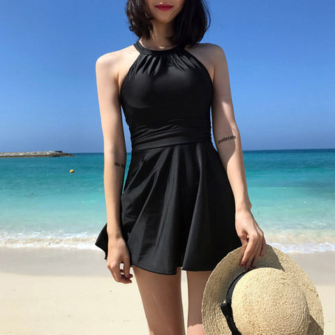 Women Plus Extra Size Sexy Short Black Swimming One Piece Skirt Swimsuit