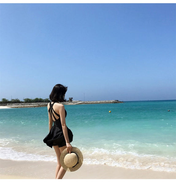 Women Plus Extra Size Sexy Short Black Swimming One Piece Skirt Swimsuit