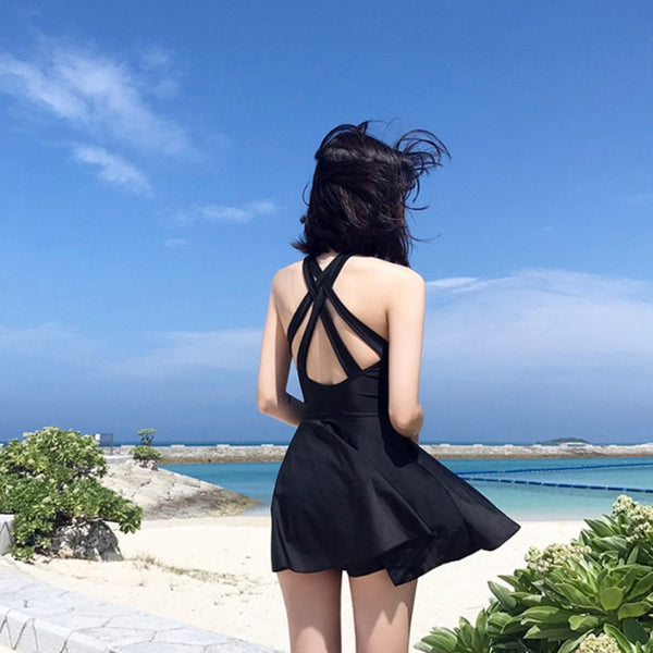 Women Plus Extra Size Sexy Short Black Swimming One Piece Skirt Swimsuit