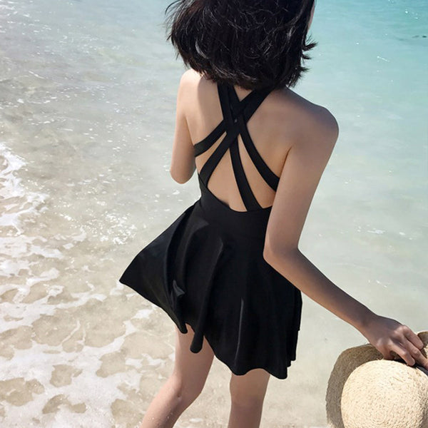 Women Plus Extra Size Sexy Short Black Swimming One Piece Skirt Swimsuit