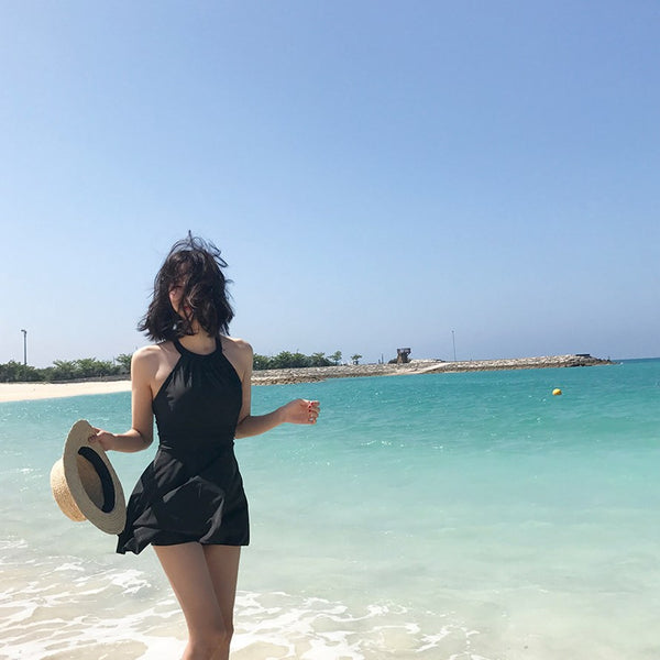 Women Plus Extra Size Sexy Short Black Swimming One Piece Skirt Swimsuit
