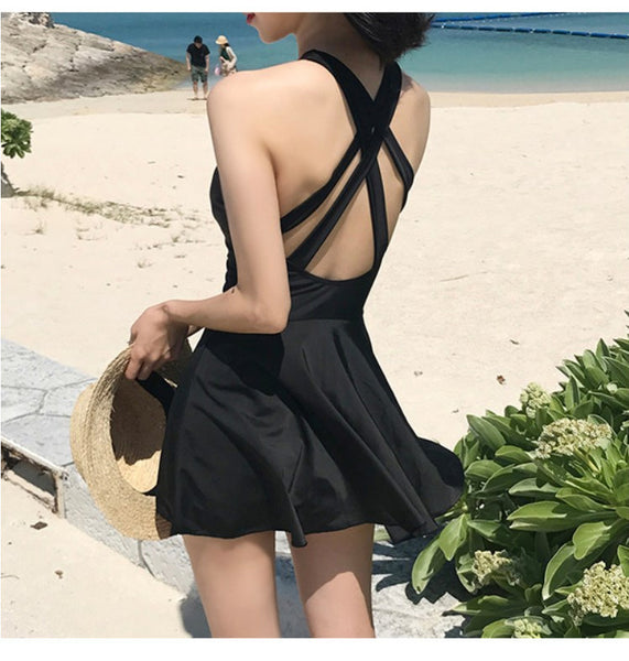 Women Plus Extra Size Sexy Short Black Swimming One Piece Skirt Swimsuit
