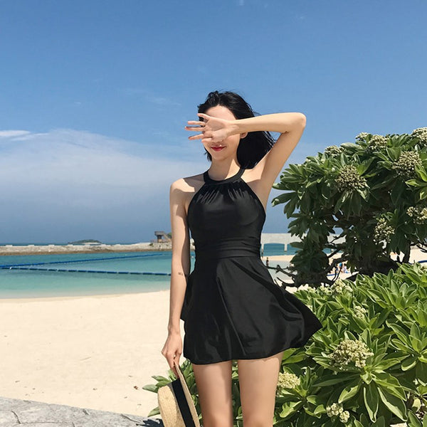 Women Plus Extra Size Sexy Short Black Swimming One Piece Skirt Swimsuit