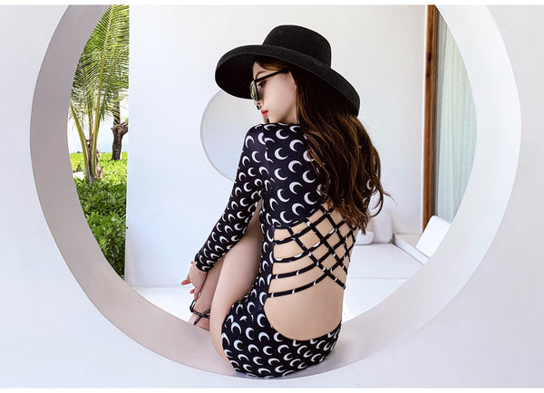 Long Sleeve One Piece Women Moon Print Rash Guard Backless Open Back Monokini Push Up Surf Suit Swimwear