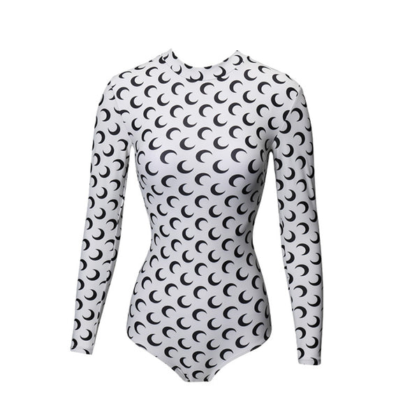 Long Sleeve One Piece Women Moon Print Rash Guard Backless Open Back Monokini Push Up Surf Suit Swimwear