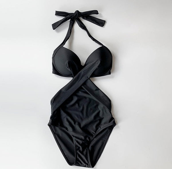Retro Black Fairy Sexy One Piece Beach V Neck Bare Back Swimsuit Bikini
