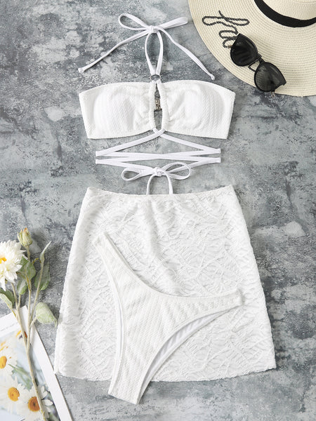 Sexy 3 Pcs Outfits Halter Crop Top Bandage White Mini Skirt Fuzzy Plush Club Wear Bikini