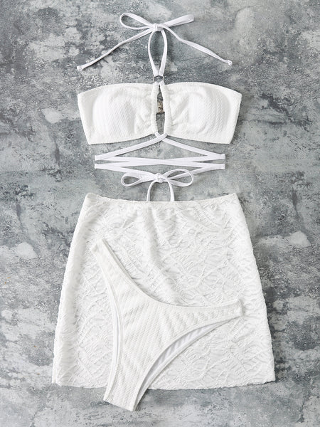 Sexy 3 Pcs Outfits Halter Crop Top Bandage White Mini Skirt Fuzzy Plush Club Wear Bikini
