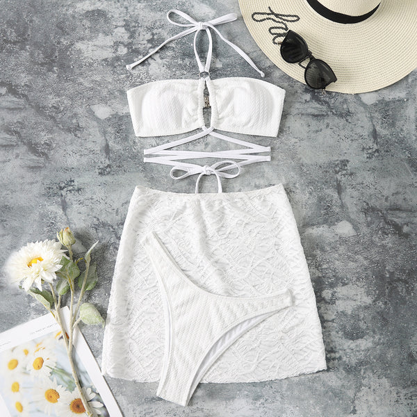 Sexy 3 Pcs Outfits Halter Crop Top Bandage White Mini Skirt Fuzzy Plush Club Wear Bikini