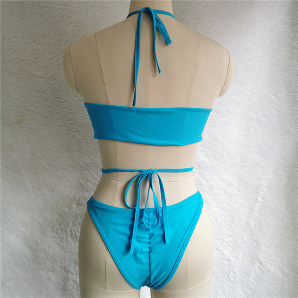 Attractive Tie Up Wrap Chest Cut Out Halter Crop Top Bandage Bikini Swimsuit