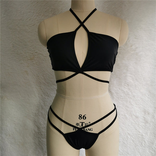 Attractive Tie Up Wrap Chest Cut Out Halter Crop Top Bandage Bikini Swimsuit