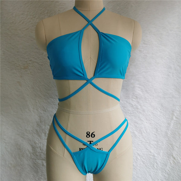 Attractive Tie Up Wrap Chest Cut Out Halter Crop Top Bandage Bikini Swimsuit