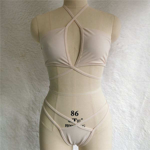 Attractive Tie Up Wrap Chest Cut Out Halter Crop Top Bandage Bikini Swimsuit