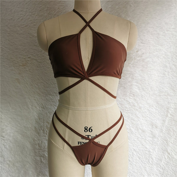 Attractive Tie Up Wrap Chest Cut Out Halter Crop Top Bandage Bikini Swimsuit