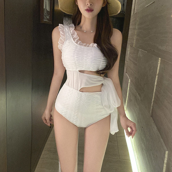 Extra Size Fairy One Piece White Sleeveless Sexy U Neck Bikini Swimsuit