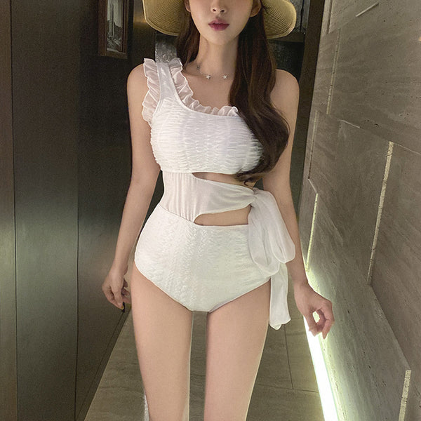 Extra Size Fairy One Piece White Sleeveless Sexy U Neck Bikini Swimsuit