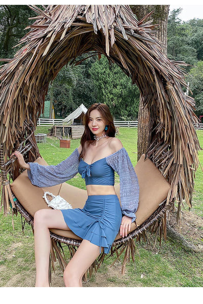 Large Size Long Sleeves Triangle Mesh Bow Swimsuit Vacation Blue Swimwear