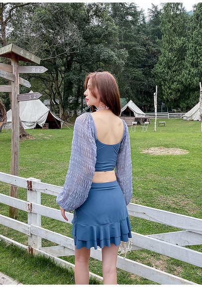 Large Size Long Sleeves Triangle Mesh Bow Swimsuit Vacation Blue Swimwear