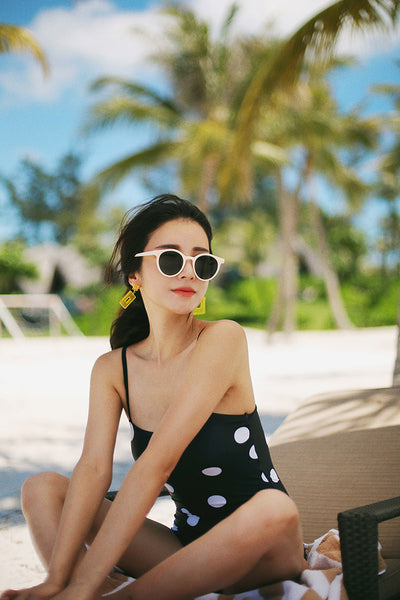 Fresh Retro Black Mixed White Dot Polka One Piece Sling Strap Square Neck Swimsuit