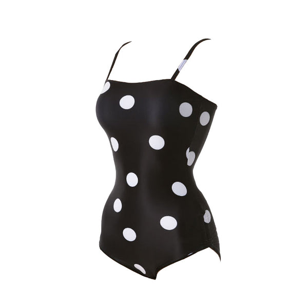 Fresh Retro Black Mixed White Dot Polka One Piece Sling Strap Square Neck Swimsuit