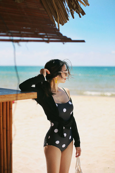 Fresh Retro Black Mixed White Dot Polka One Piece Sling Strap Square Neck Swimsuit