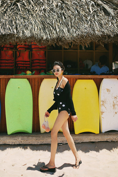 Fresh Retro Black Mixed White Dot Polka One Piece Sling Strap Square Neck Swimsuit