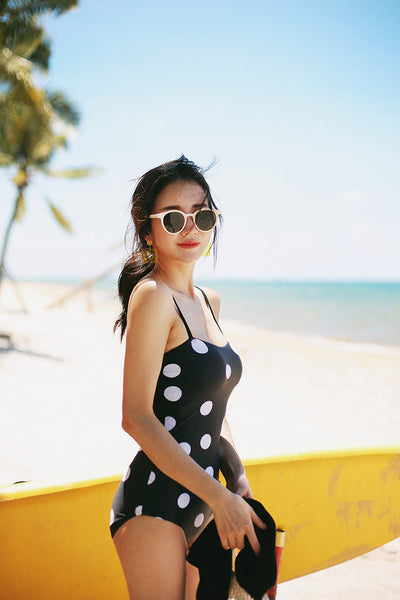 Fresh Retro Black Mixed White Dot Polka One Piece Sling Strap Square Neck Swimsuit