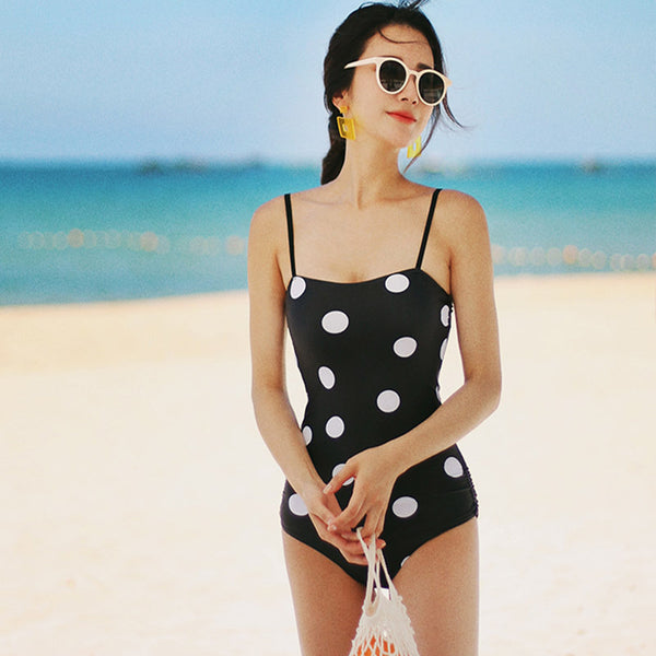 Fresh Retro Black Mixed White Dot Polka One Piece Sling Strap Square Neck Swimsuit