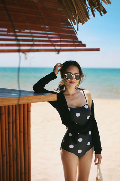 Fresh Retro Black Mixed White Dot Polka One Piece Sling Strap Square Neck Swimsuit