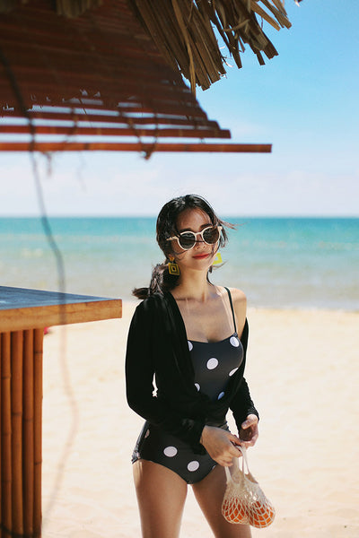 Fresh Retro Black Mixed White Dot Polka One Piece Sling Strap Square Neck Swimsuit
