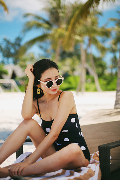 Fresh Retro Black Mixed White Dot Polka One Piece Sling Strap Square Neck Swimsuit