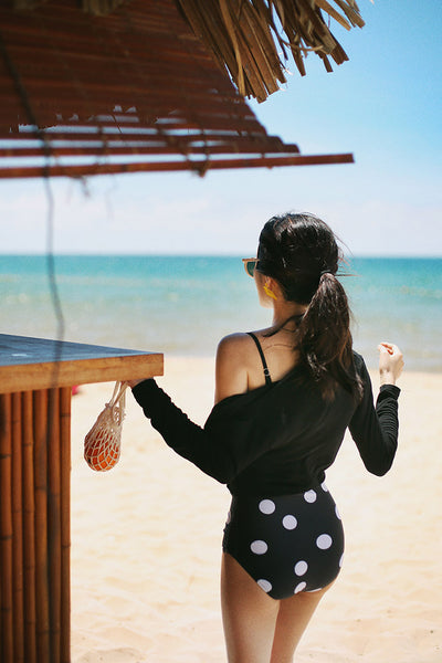 Fresh Retro Black Mixed White Dot Polka One Piece Sling Strap Square Neck Swimsuit
