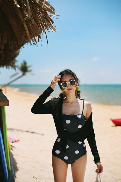 Fresh Retro Black Mixed White Dot Polka One Piece Sling Strap Square Neck Swimsuit
