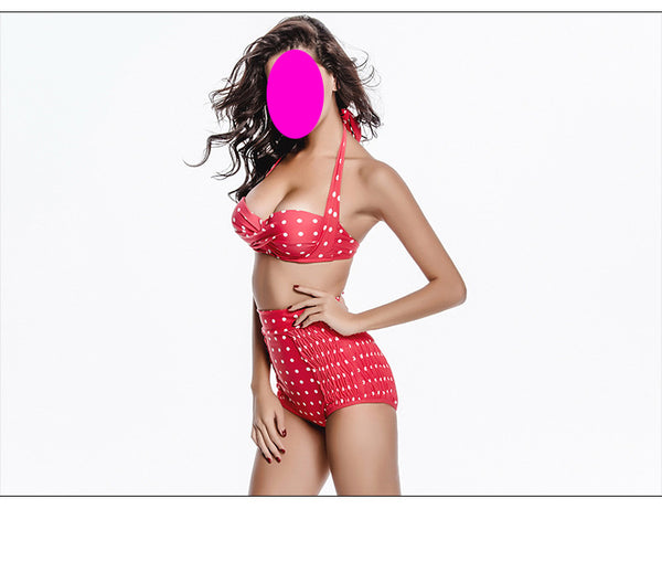 Halter High Waist Two Piece Women Black Red Polka Dot Vintage Bikini Swimsuit