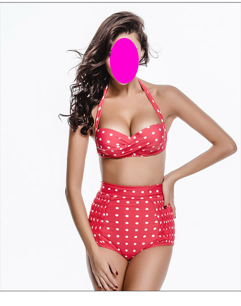 Halter High Waist Two Piece Women Black Red Polka Dot Vintage Bikini Swimsuit